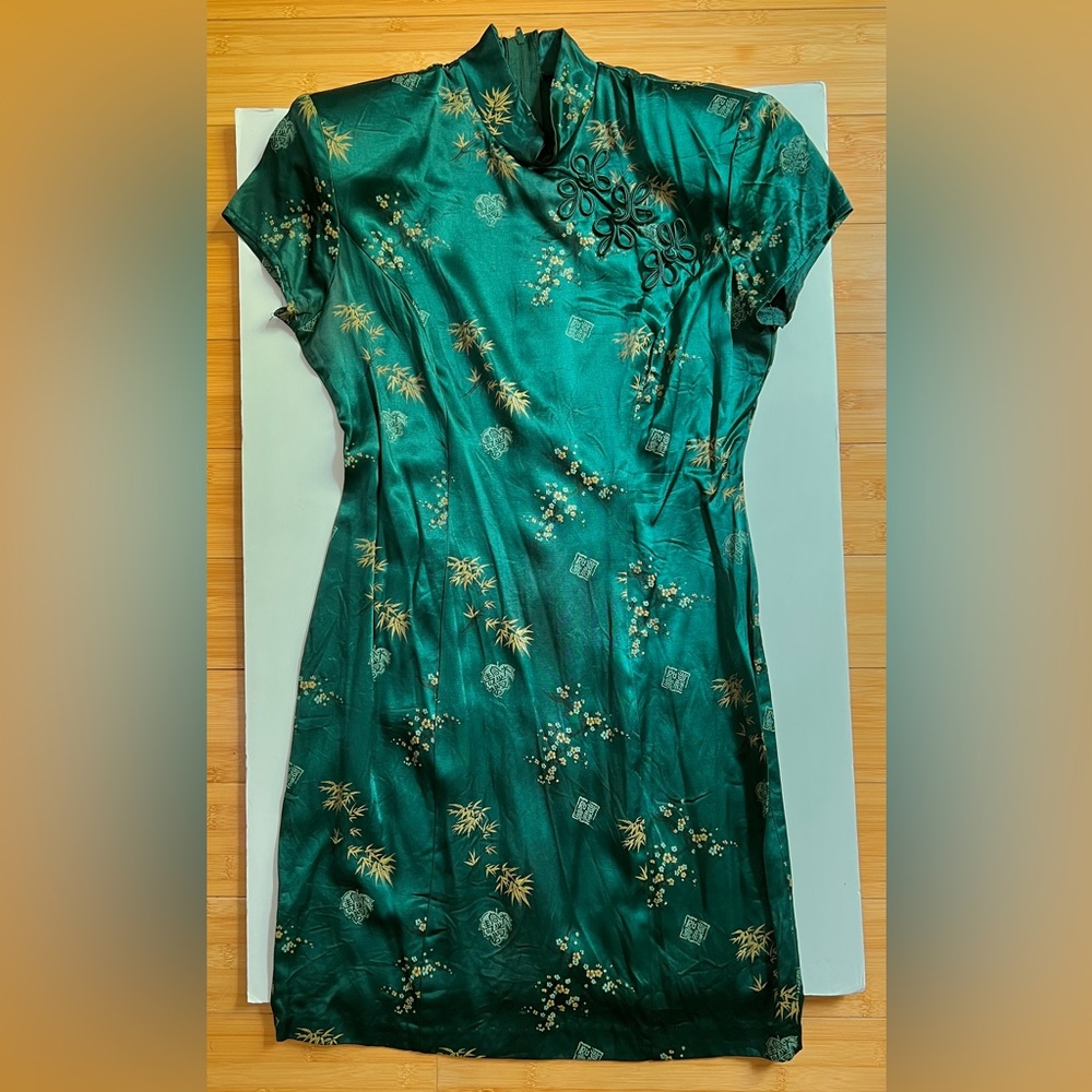 Green Satin Bamboo Floral Print Cheongsam Qipao by Breakin’ Loose
